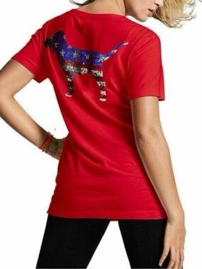 Victoria's Secret PINK Americana  dog  bling sequins logo Campus tee